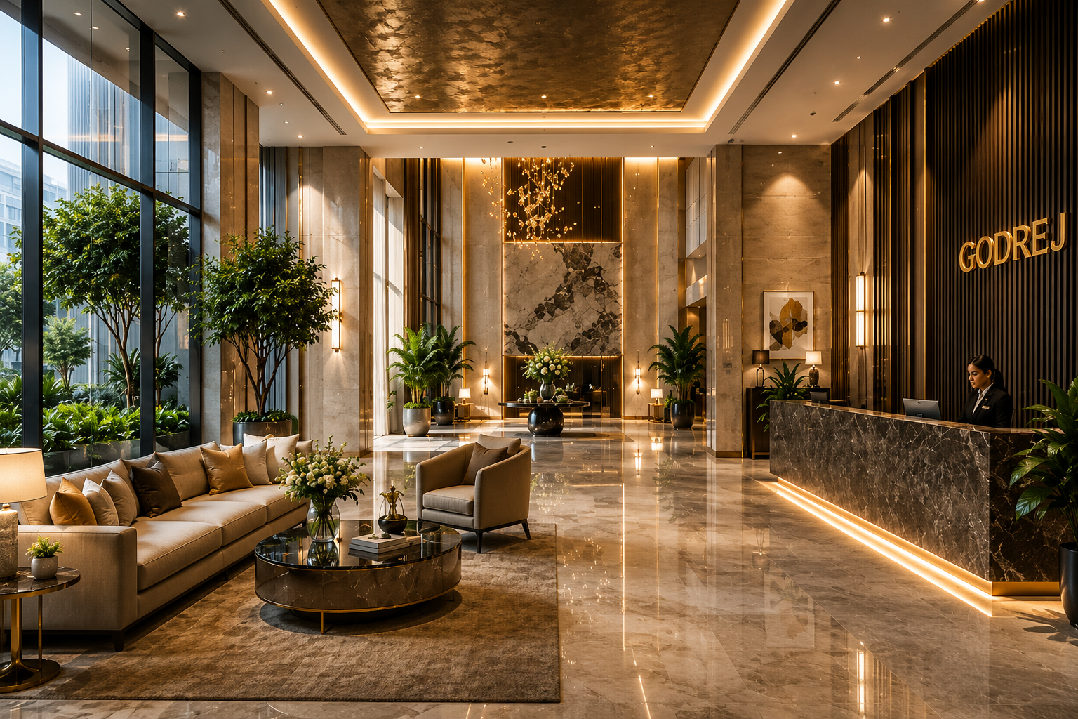 Grand clubhouse reception and luxury lobby at DLF The Aralias Gurugram